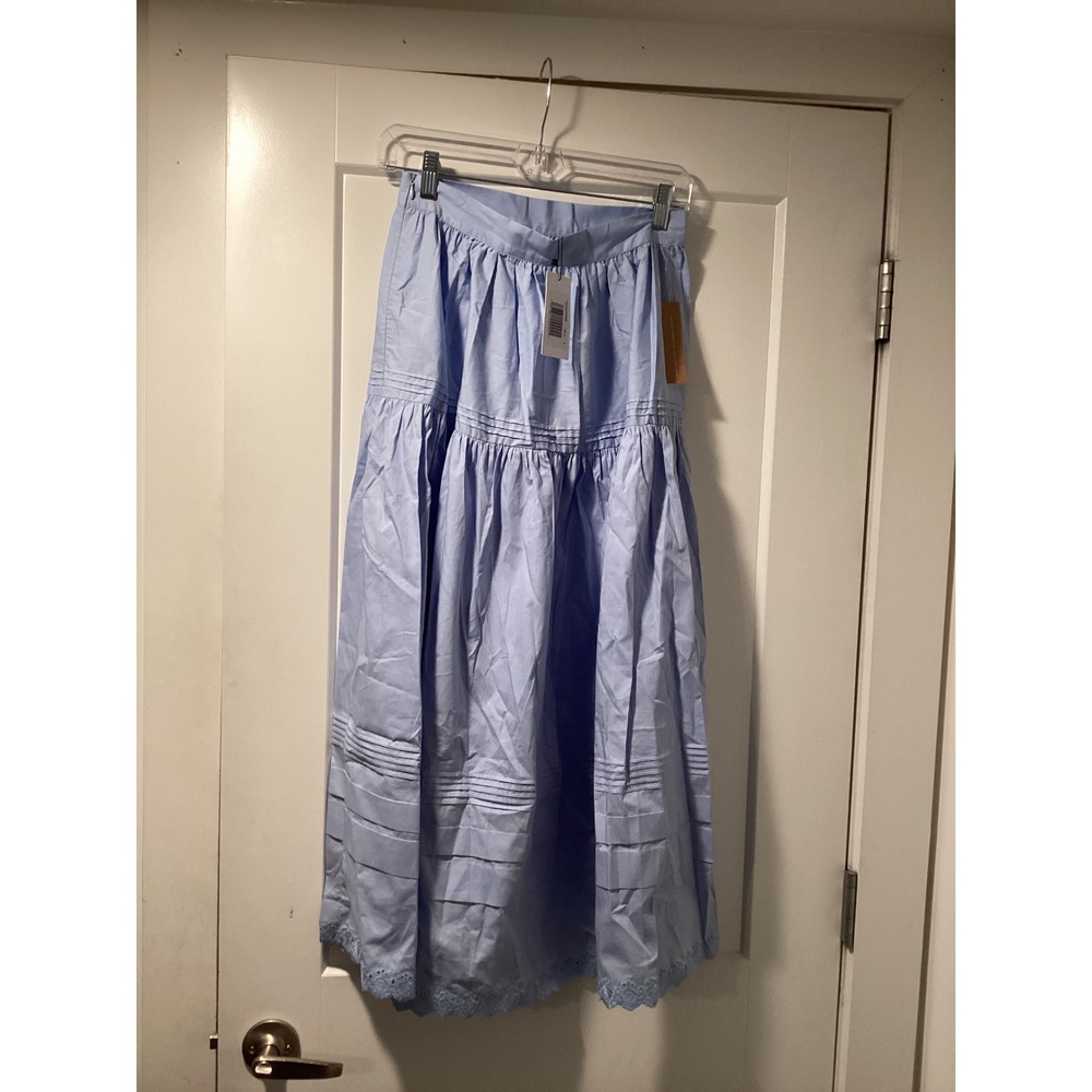 Few Moda OPT One Pretty Time Blue Cotton Tiered Maxi Skirt Eyelet Lace Trim - Picture 3 of 9